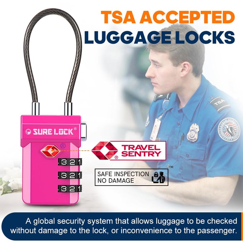 SURE LOCK TSA Approved Cable Luggage Lock â€“ TSA Locks for Luggage with Visual Inspection Indicator, Resettable 3-Digit Combination, Zinc Alloy Body for Suitcases, Backpacks, Gym Lockers(Rose 2 Pack) - Image 2